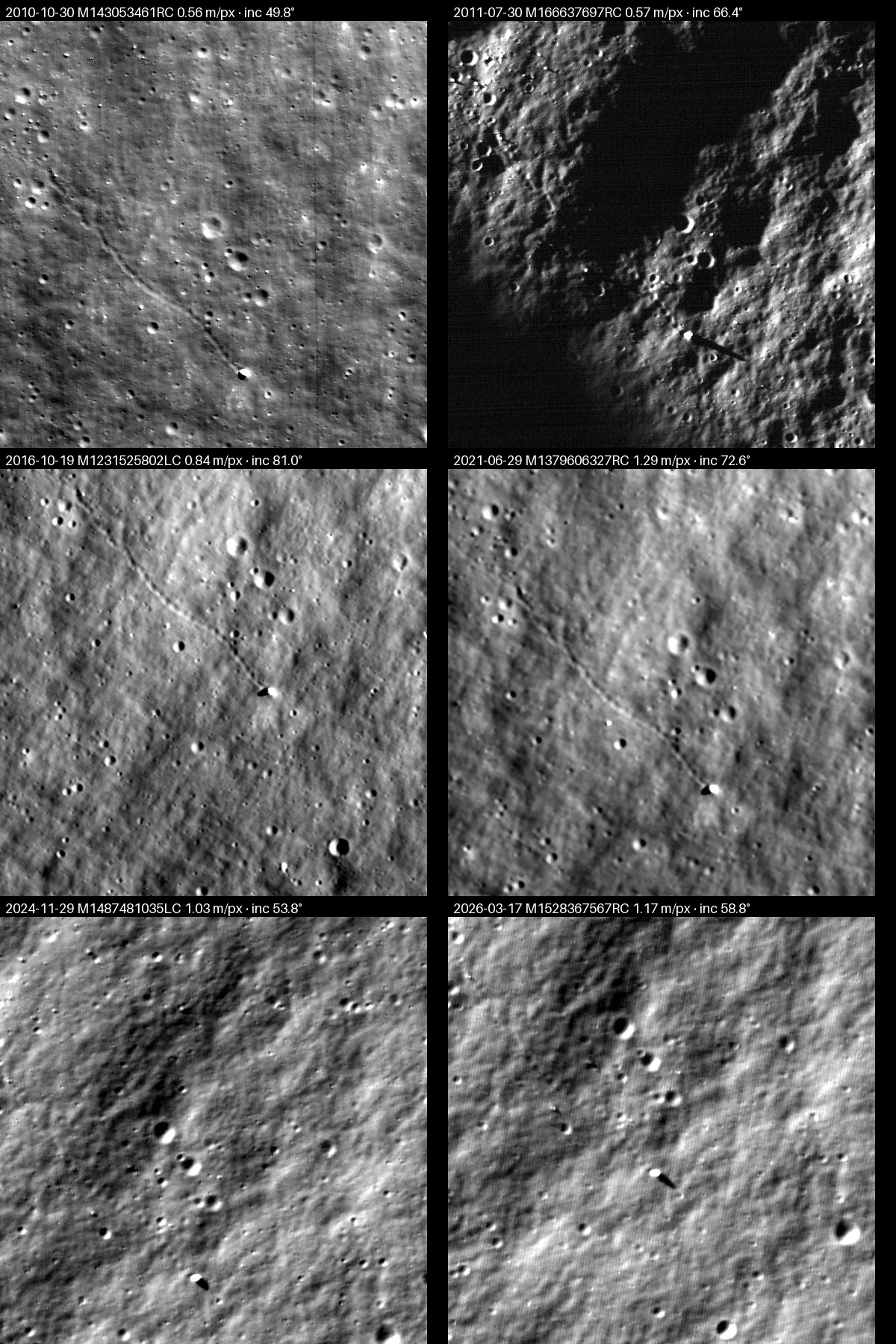 Contact sheet of six historical LROC observations